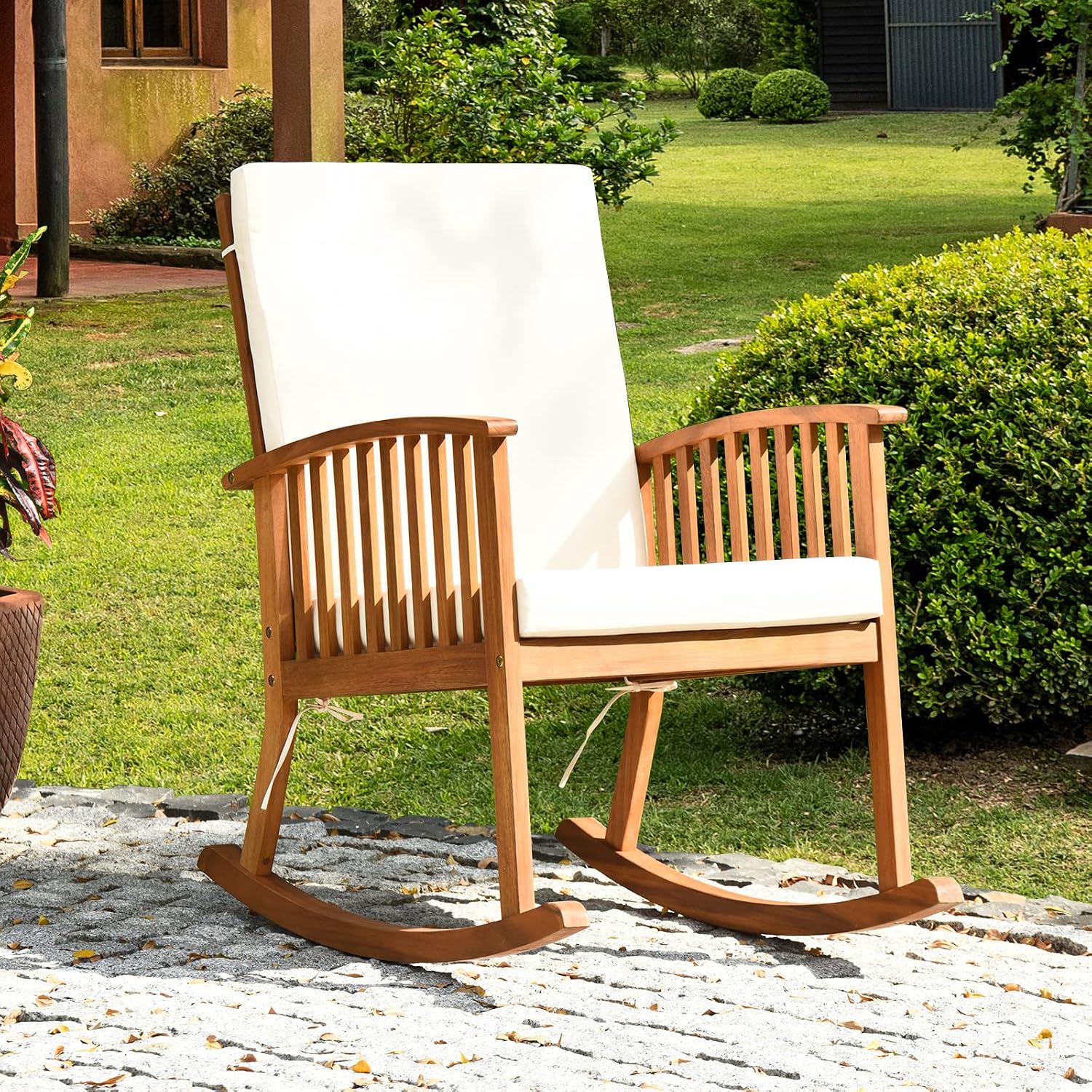 Rocking Chair Outdoor, Acacia Wooden Rocker Chair with Seat and Back Cushion, Armrests, Comfortable Porch Rocking Chair with 355Lbs Support for Lawn, Patio, Backyard, Garden, Deck, Indoor