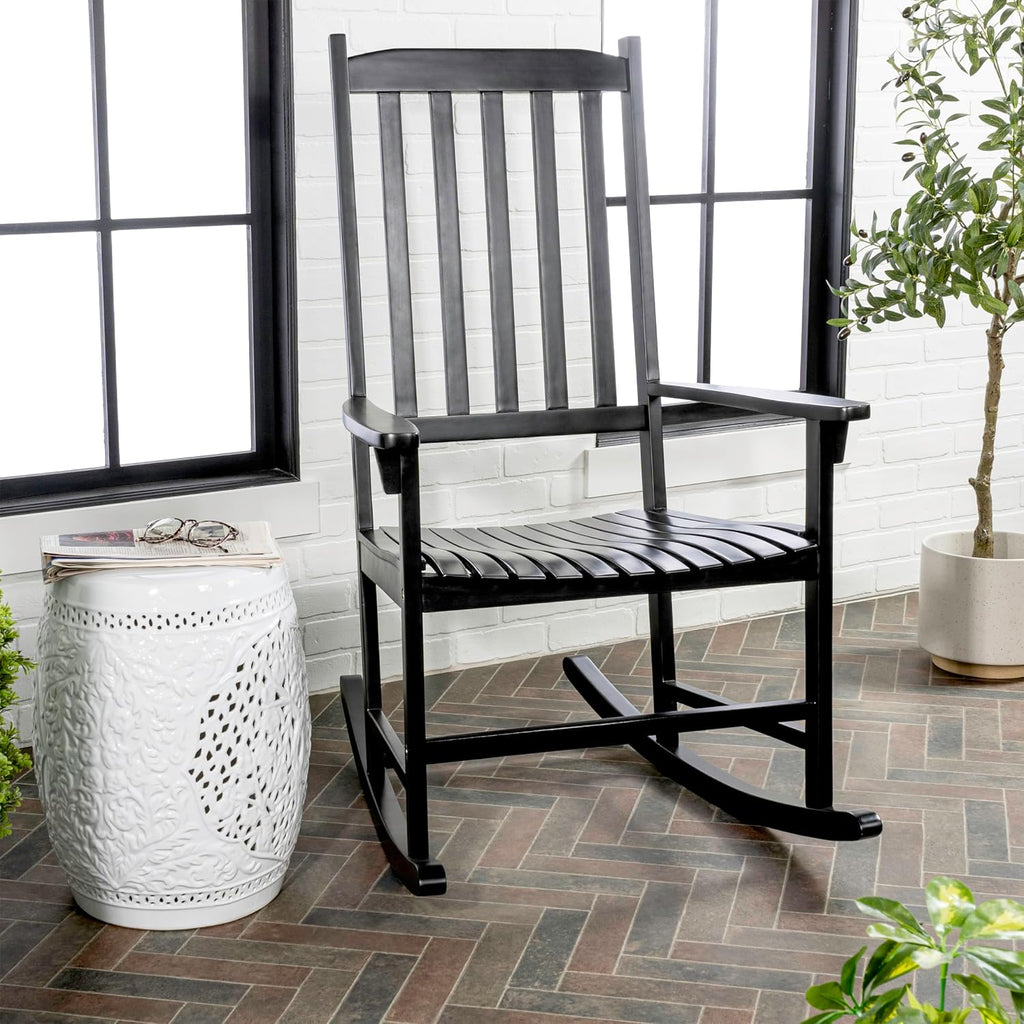 JONATHAN Y RCK300E Seagrove Farmhouse Classic Slat-Back 350-LBS Support Acacia Wood Outdoor Rocking Chair Traditional, Coastal, Cottage, Vintage, Shabby Chic, Black