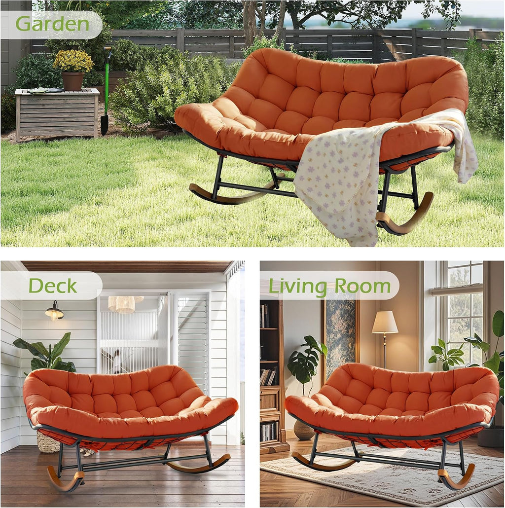 Double Papasan Rocking Chair Outdoor & Indoor, 660LBS Capacity Oversized Patio Rocking Chair for 2-Person with Thick Cushion and Frame,Egg Shaped Rocker for Garden, Deck, Living Room,Red