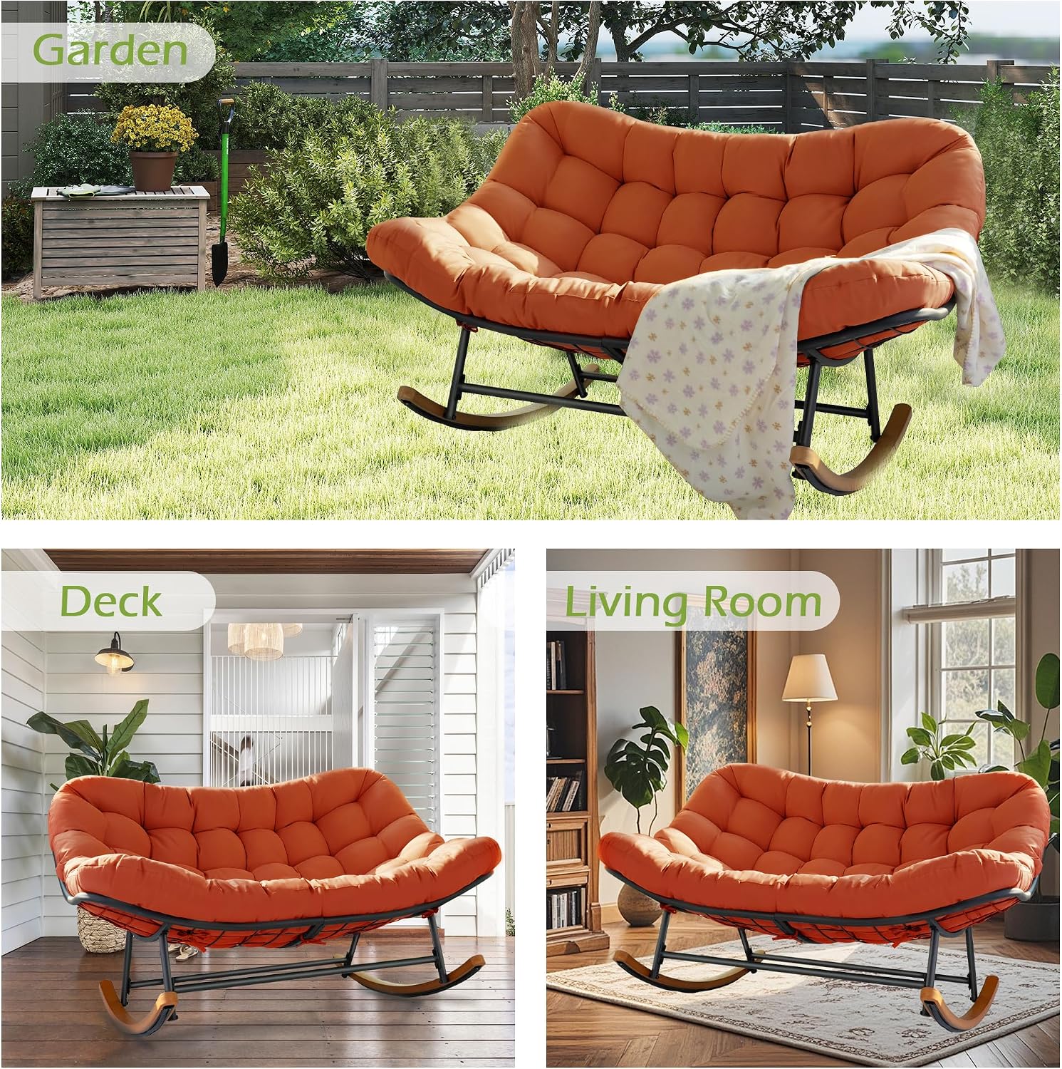 Double Papasan Rocking Chair Outdoor & Indoor, 660LBS Capacity Oversized Patio Rocking Chair for 2-Person with Thick Cushion and Frame,Egg Shaped Rocker for Garden, Deck, Living Room,Red