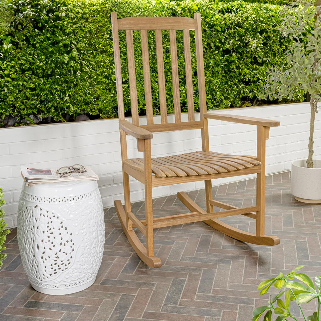 JONATHAN Y RCK300A Seagrove Farmhouse Classic Slat-Back 350-LBS Support Acacia Wood Outdoor Rocking Chair Traditional, Coastal, Cottage, Vintage, Shabby Chic, Teak Brown