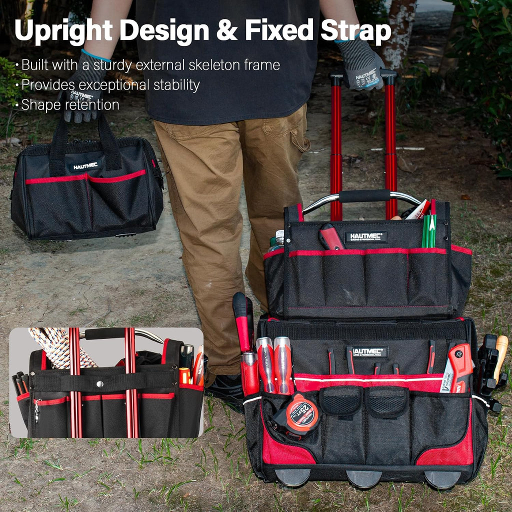 HAUTMEC 3-Piece Rolling Tool Bag Set, 18' Wheeled Tool Bag, 15' Open Top Tool Tote & 12' Wide Mouth Small Bag, Heavy-Duty 1680D Water-Resistant Tool Storage with Off-Road Wheel & Telescoping Handle