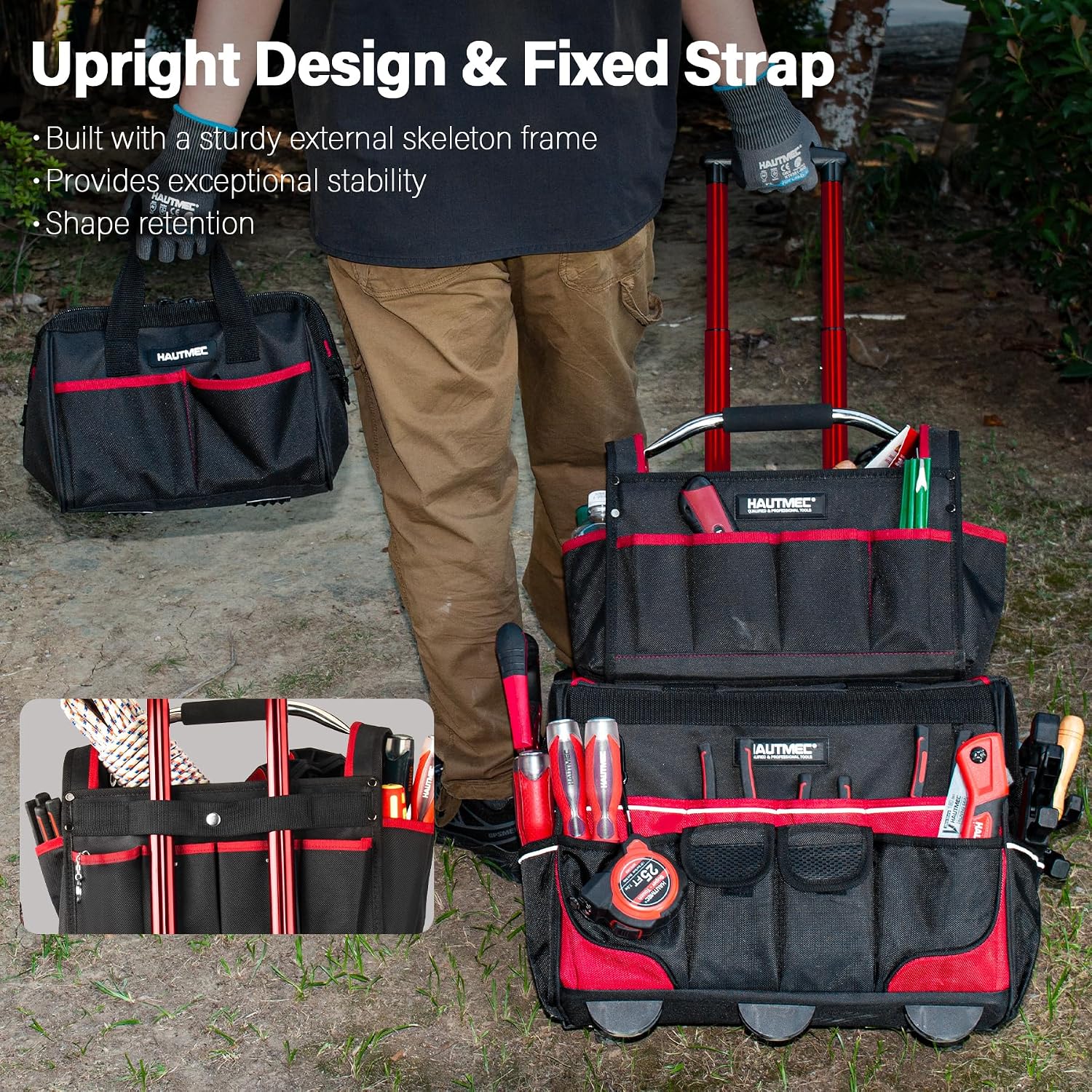 HAUTMEC 3-Piece Rolling Tool Bag Set, 18' Wheeled Tool Bag, 15' Open Top Tool Tote & 12' Wide Mouth Small Bag, Heavy-Duty 1680D Water-Resistant Tool Storage with Off-Road Wheel & Telescoping Handle