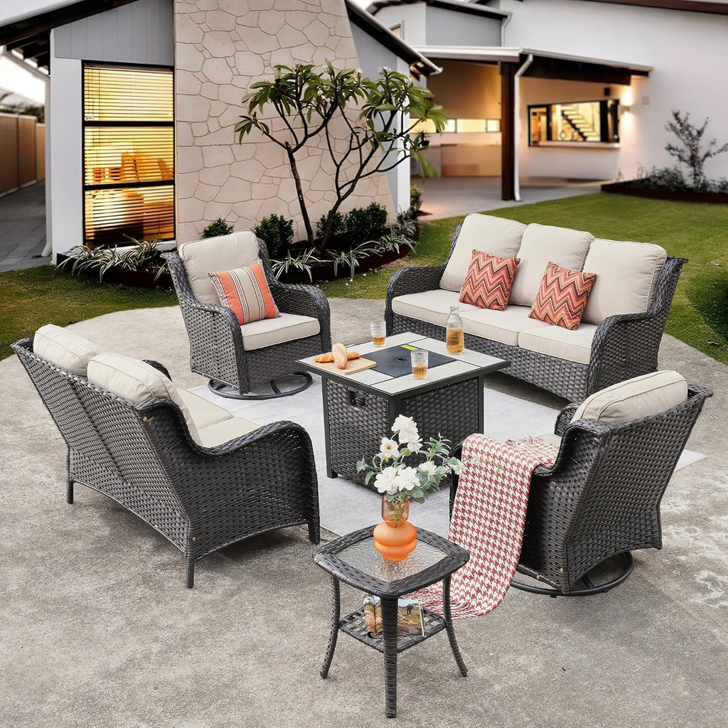 ovios 6 Pieces Patio Furniture Set with 30 inch Fire Pit Table, Outdoor Wicker Sofa Couch Loveseat, Swivel Rocking Glider Chairs, Modern Conversation Set, Brown Rattan, Beige