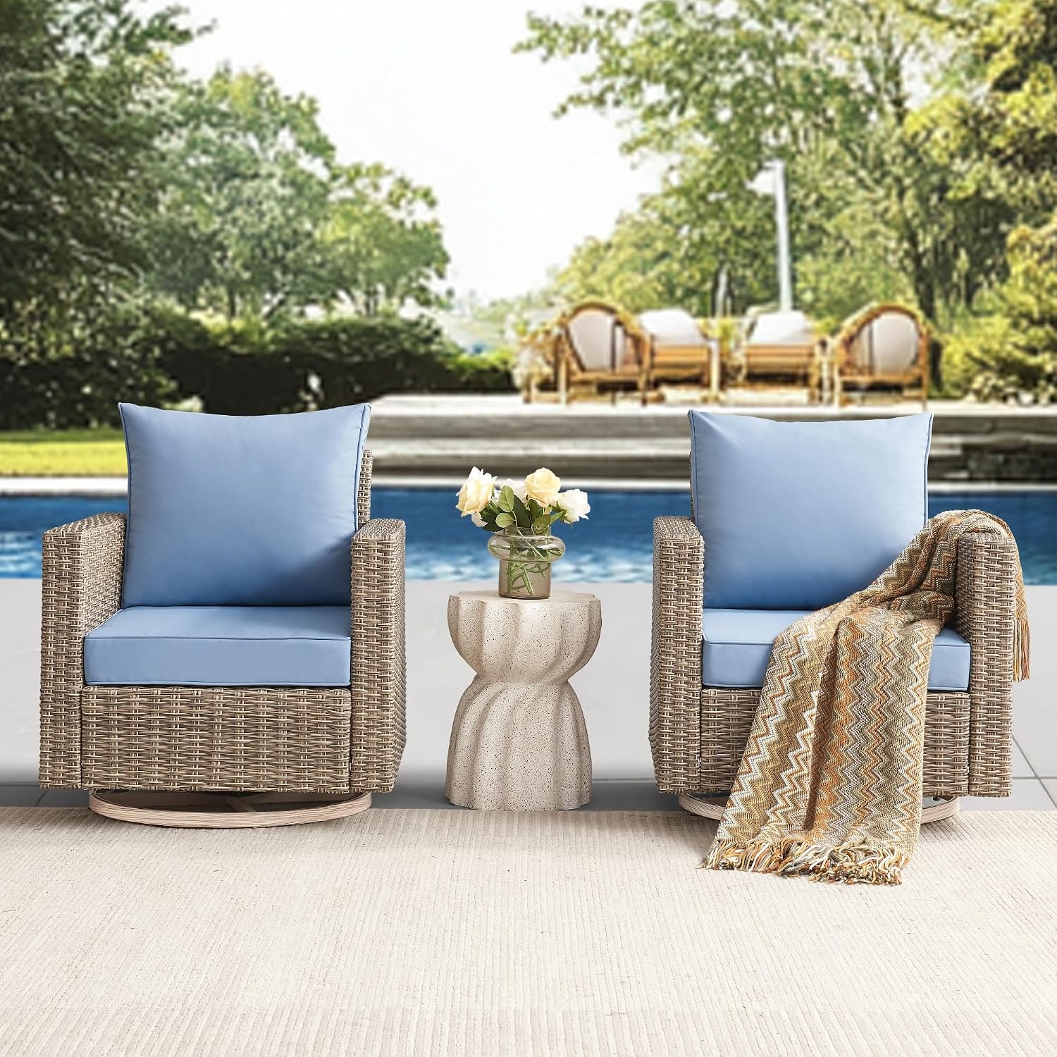 Swivel Rocking Chairs with Comfortable Cushion, PE Wicker Rattan Swivel Chairs, Set of 2 with Cushions for Poolside, Garden, Backyard, Blue