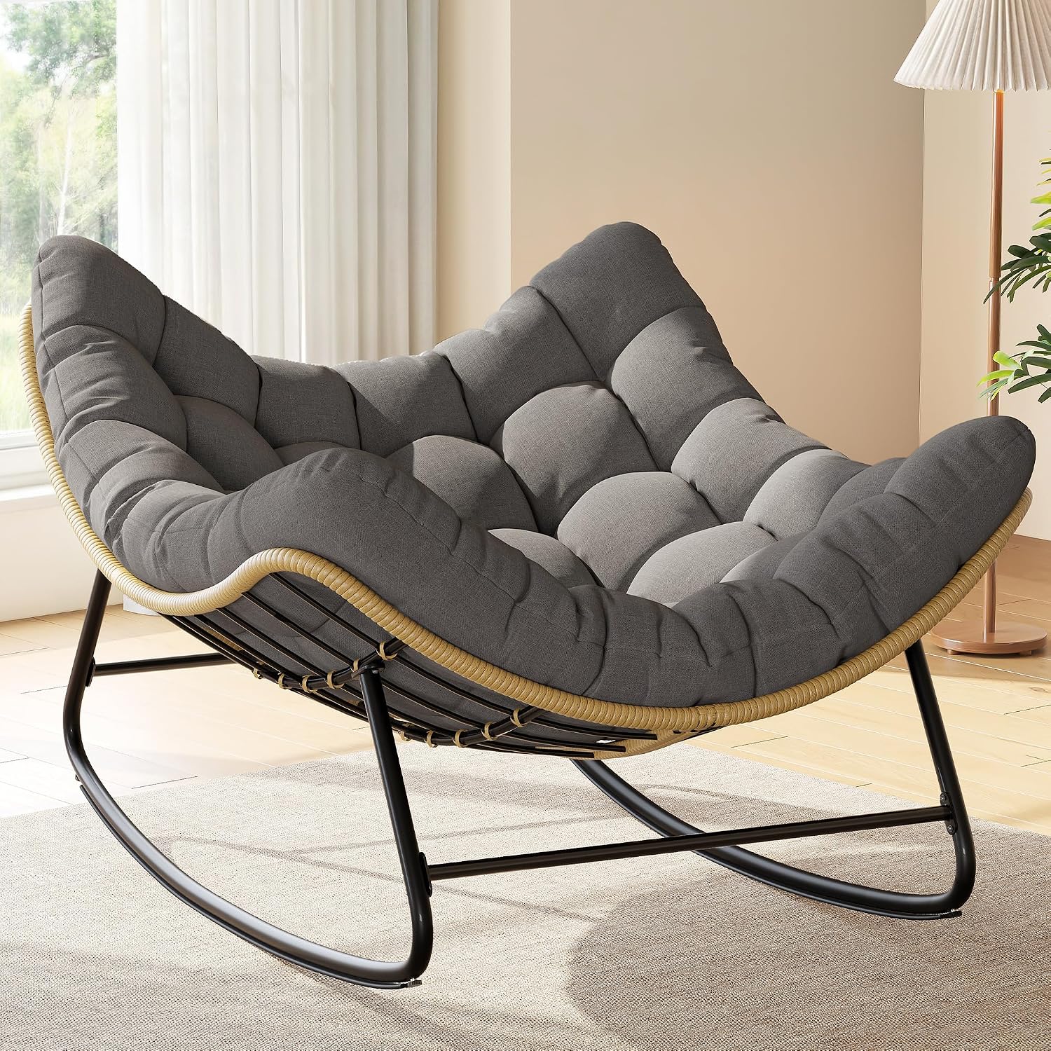 UDPATIO Outdoor Papasan Rocking Chair, Wicker Papasan Lounge Chair with 5.1' Thickened Water-Resistant Cushion & Anti-Slip Bar, for Porch, Balcony, Patio or Indoor, Dark Grey