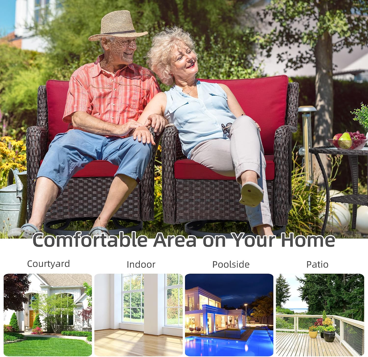 GarveeLife 3 Pieces Outdoor Swivel Chair Set, Upgraded Encrypted Rattan Wicker Swivel Rocker Patio Chairs, Thick Cushion and Side Table for Balcony, Porch, Backyard, Garden, Red