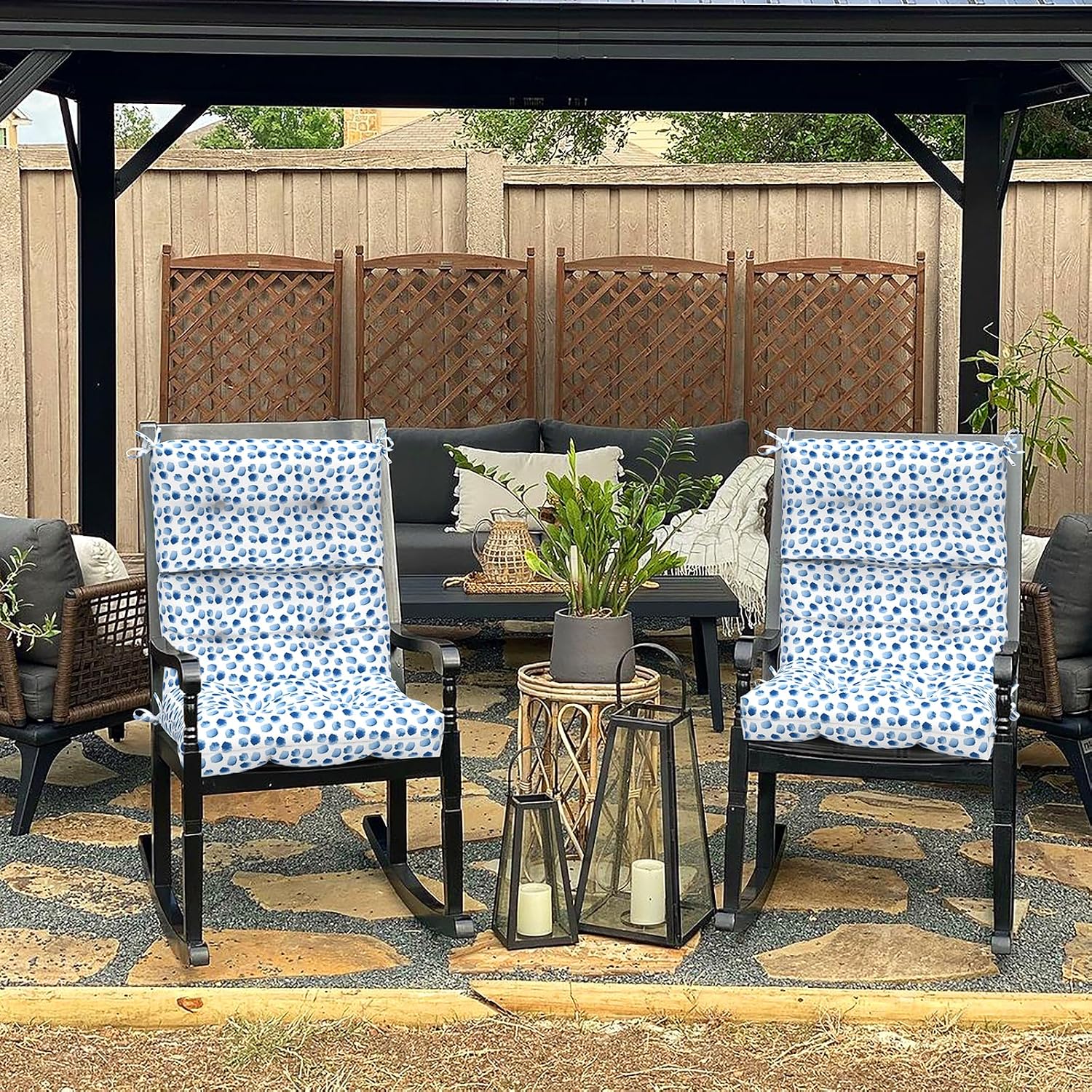 DYTXIII Outdoor High Back Chair Cushions Set of 2, Water Repellent Tufted Rocking Seat Cushions Replacement 44 x 22 Inch, Seat & Back Chair Pads for Patio, Balcony and Indoor Use -Brush Blue