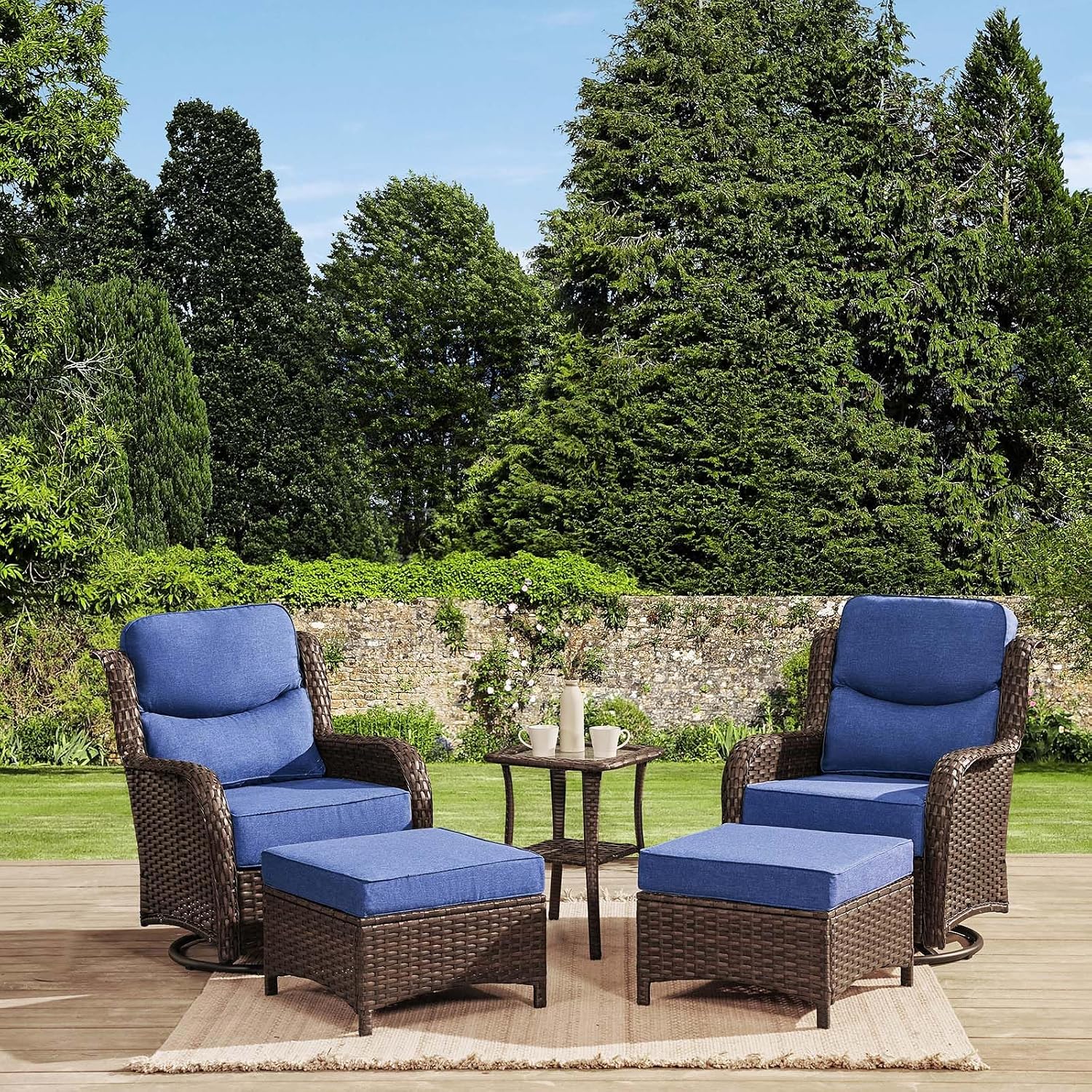 HILLGA Luxury Outdoor Swivel Rocker Patio Chairs of 2 with 6 Inch Thick Cushions and Side Table, Swivel Outdoor Chairs 5PCS High Back Wicker Patio Furniture Set for Porch, Balcony, Deck in Blue