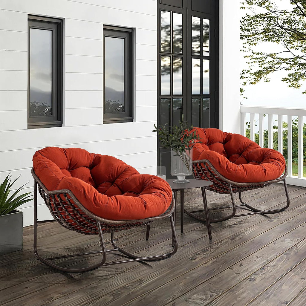 Rattan Rocking Chair for Indoor Outdoor Patio Oversized Wicker Egg Chair with Steel Frame Olefin Padded Cushion Rocker Recliner Chair, Comfy Lounger Papasan Chair for Living Room Porch Garden, Orange
