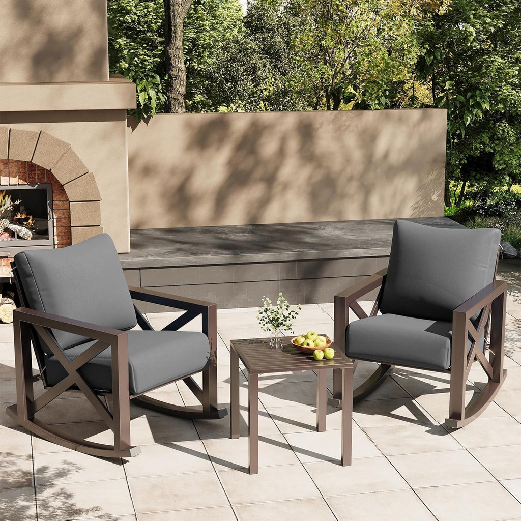 UDPATIO Outdoor Rocking Chair Set of 2 with Coffee Table, 3 Piece Metal Patio Furniture Set with 6.5' Water-Resistant Cushions, Oversized, 350lbs Heavy-Duty, for Porch, Patio, Balcony, Dark Grey