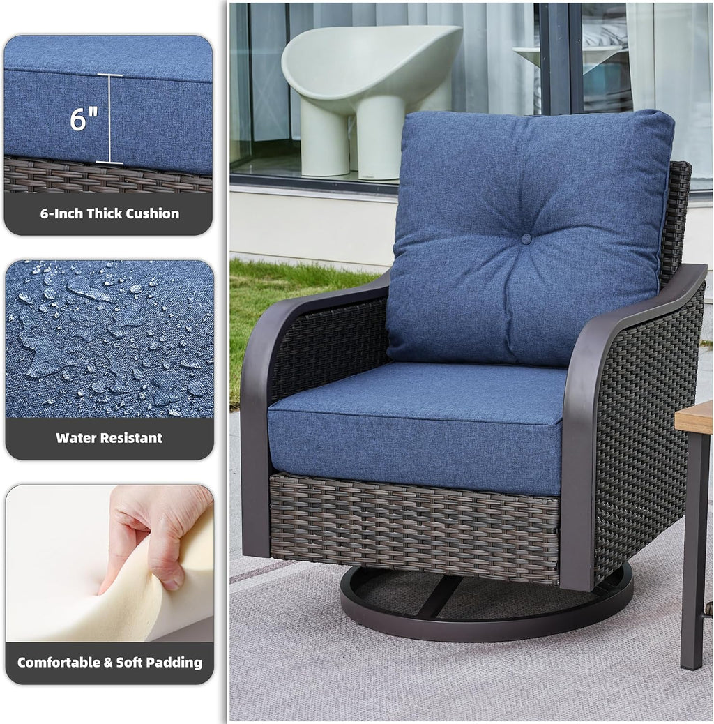 Outdoor Swivel Rocker Chairs, Wicker Swivel Rocking Chairs with 6'' Thick Cushions and Side Coffee Table, 3 Piece Patio Furniture Set for Balcony, Porch, Deck, Poolside, Navy Blue