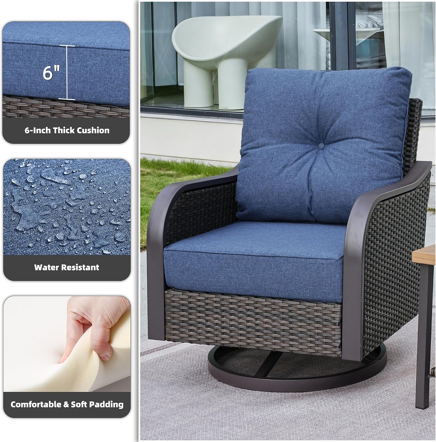 Outdoor Swivel Rocker Chairs, Wicker Swivel Rocking Chairs with 6'' Thick Cushions and Side Coffee Table, 3 Piece Patio Furniture Set for Balcony, Porch, Deck, Poolside, Navy Blue