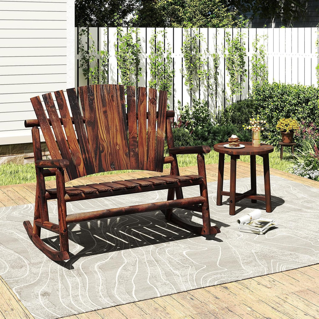 Giantex Outdoor Wooden Rocking Bench, 2-Person Adirondack Porch Rocker Chair with High Back and Slatted Seat, Rustic Log Loveseat for Front Porch Patio, Backyard, Garden, Brown, 51'x38'x46'