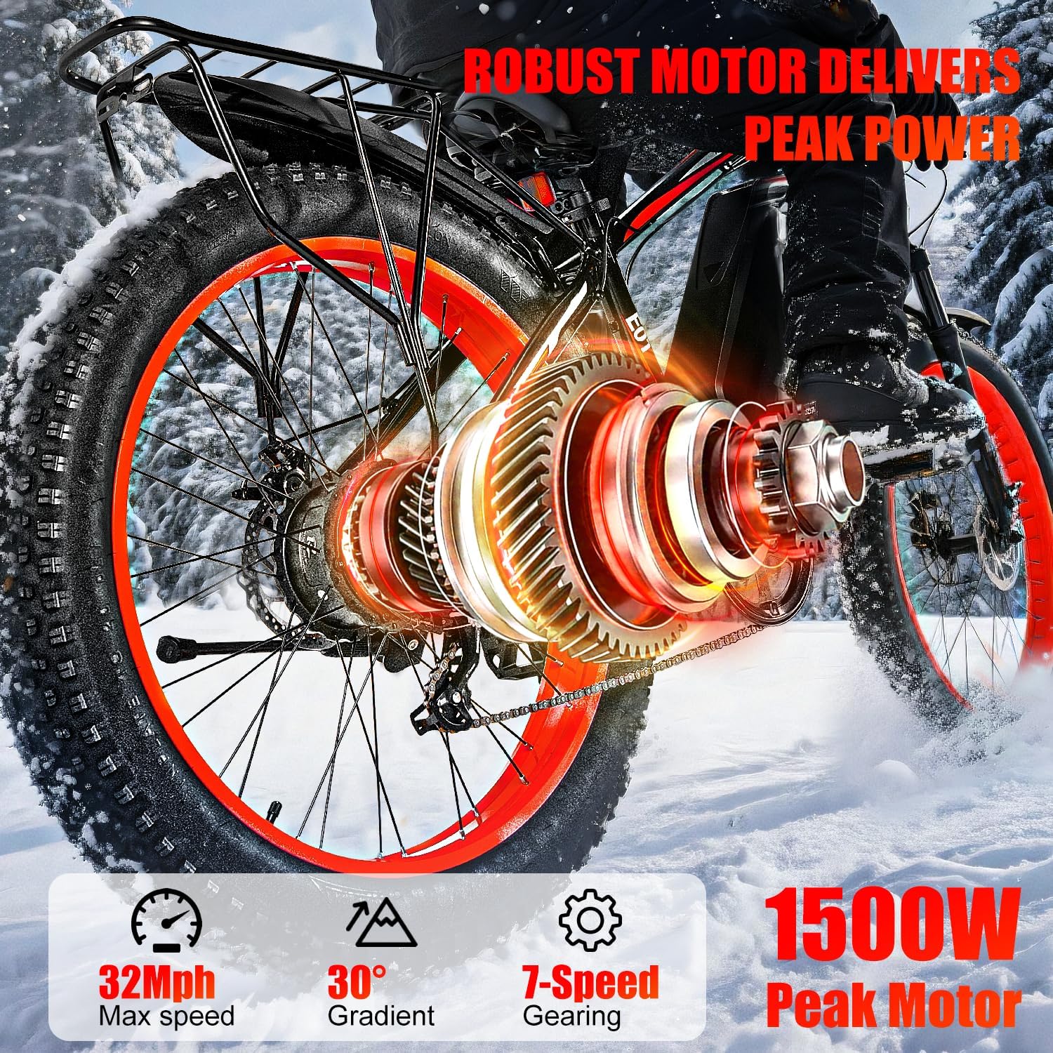 Electric Bike, 1500W Peak 30/33 MPH 26' Fat Tire Electric Bicycle, 60/70 Miles Snow Off-Road E Bike for Adults, Removable Battery, Dual Brake, 7 Speed