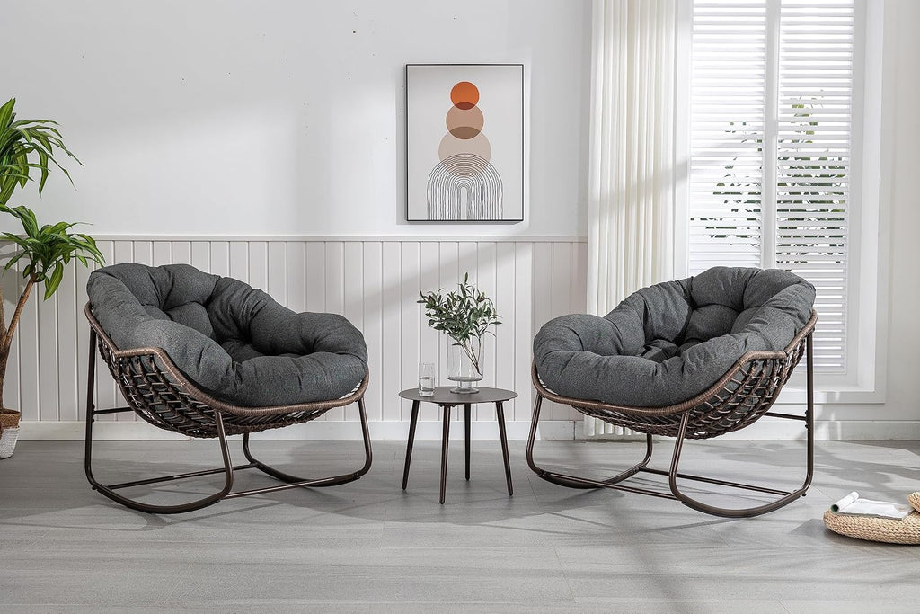 Rattan Rocking Chair for Indoor Outdoor, Patio Oversized Wicker Egg Chair with Steel Frame, Olefin Padded Cushion Rocker Recliner Chair, Comfy Lounger Papasan Chair for Living Room Porch Garden, Grey