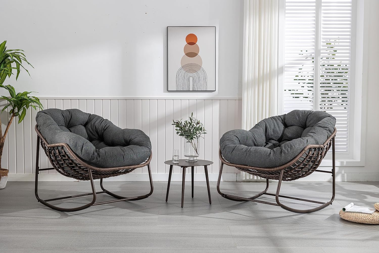 Rattan Rocking Chair for Indoor Outdoor, Patio Oversized Wicker Egg Chair with Steel Frame, Olefin Padded Cushion Rocker Recliner Chair, Comfy Lounger Papasan Chair for Living Room Porch Garden, Grey