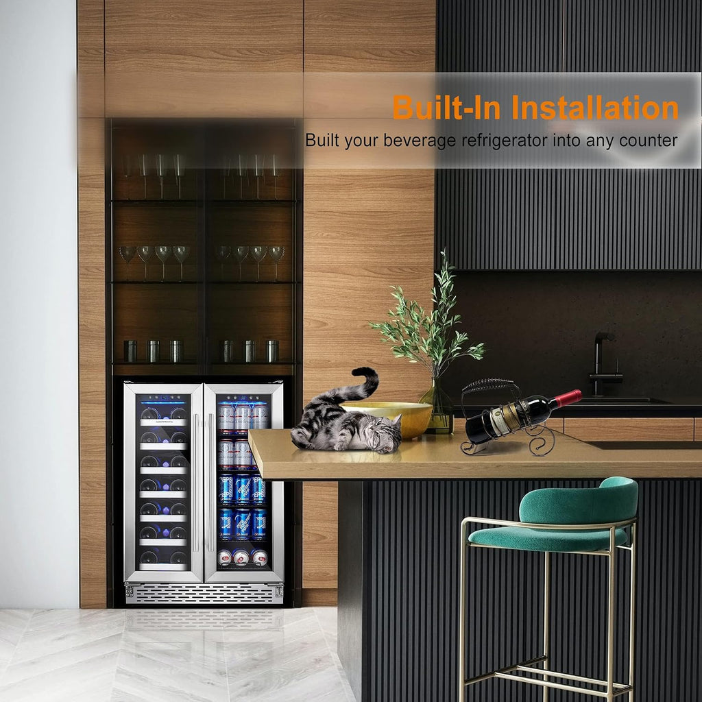 Wine and Beverage Refrigerator, 24 inch Wine Fridge Dual Zone w/ 60 Cans and 20 Bottles Capacity, Digital Touch Control, Built-In or Freestanding