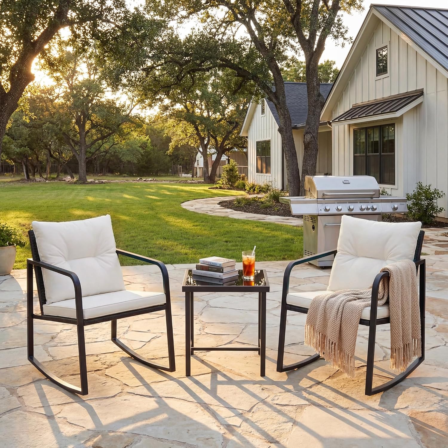Flamaker Patio Chairs 3 Piece Wicker Rocking Chair Outdoor Bistro Sets with Coffee Table and Cushions Metal Frame Patio Furniture for Porch, Balcony, Lawn (White)