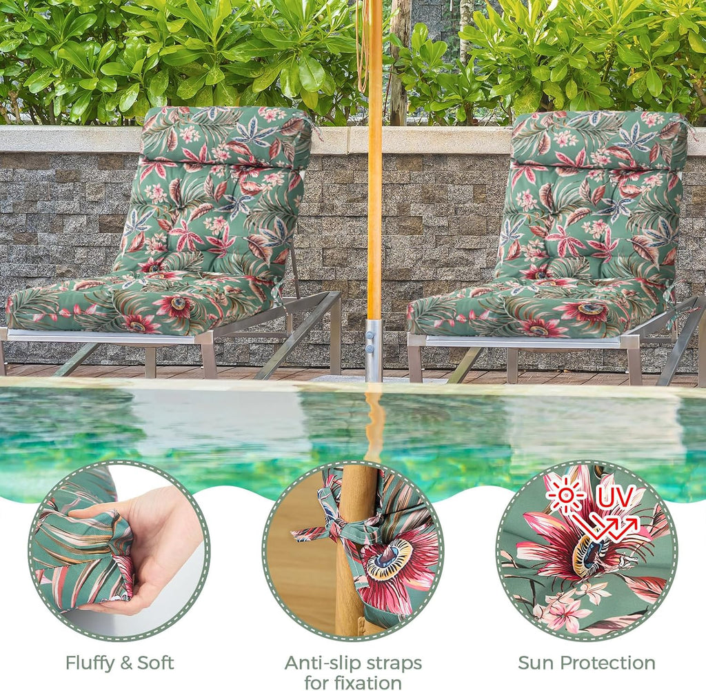 Barydat 4 Pcs Tufted High Back Chair Cushion Indoor Outdoor Seat and Back Cushions Palm Leaves Tropical Plants Lawn Rocking Chair Pads with Ties for Adirondack Patio Garden (Green Flower)