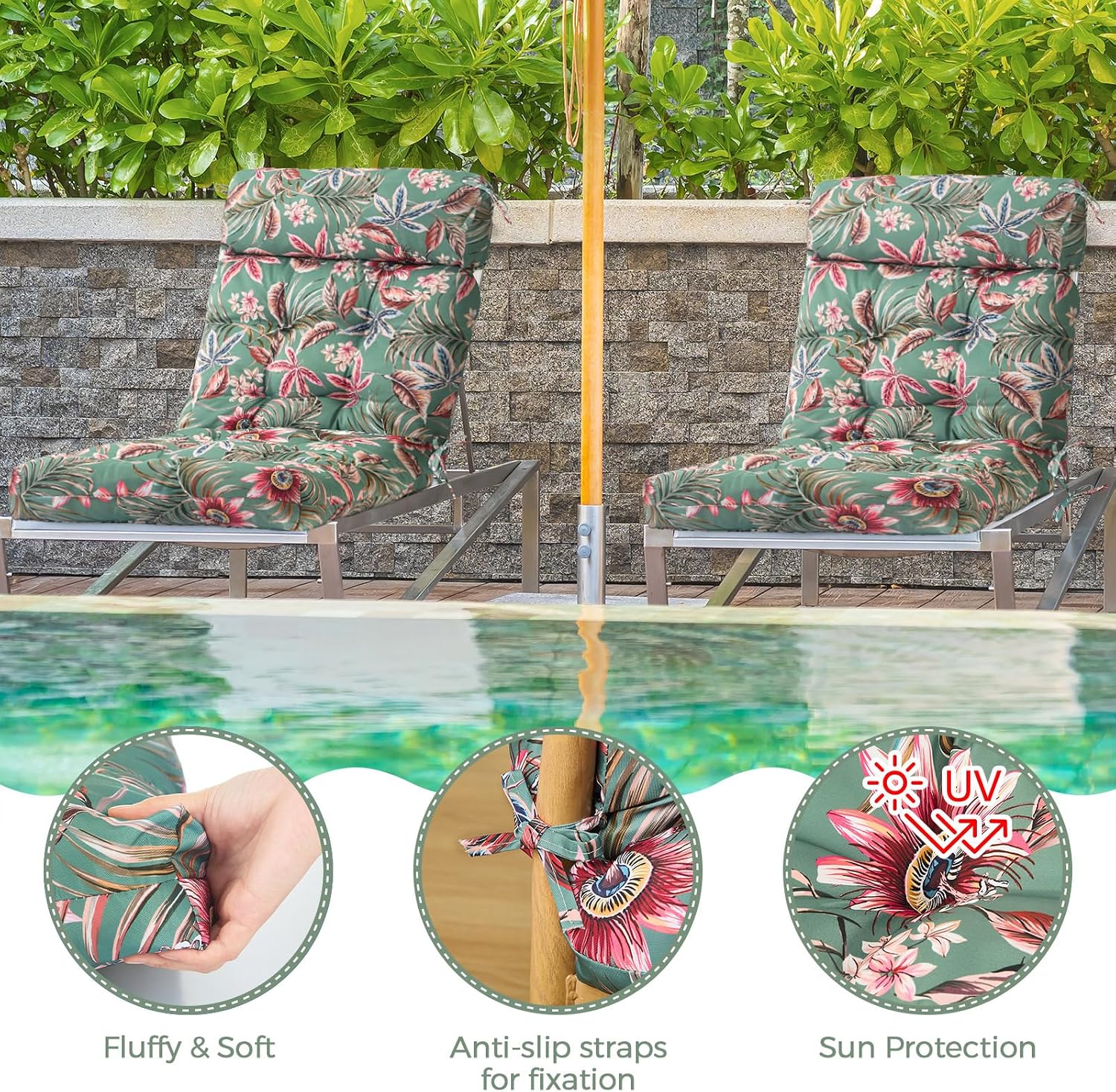 Barydat 4 Pcs Tufted High Back Chair Cushion Indoor Outdoor Seat and Back Cushions Palm Leaves Tropical Plants Lawn Rocking Chair Pads with Ties for Adirondack Patio Garden (Green Flower)