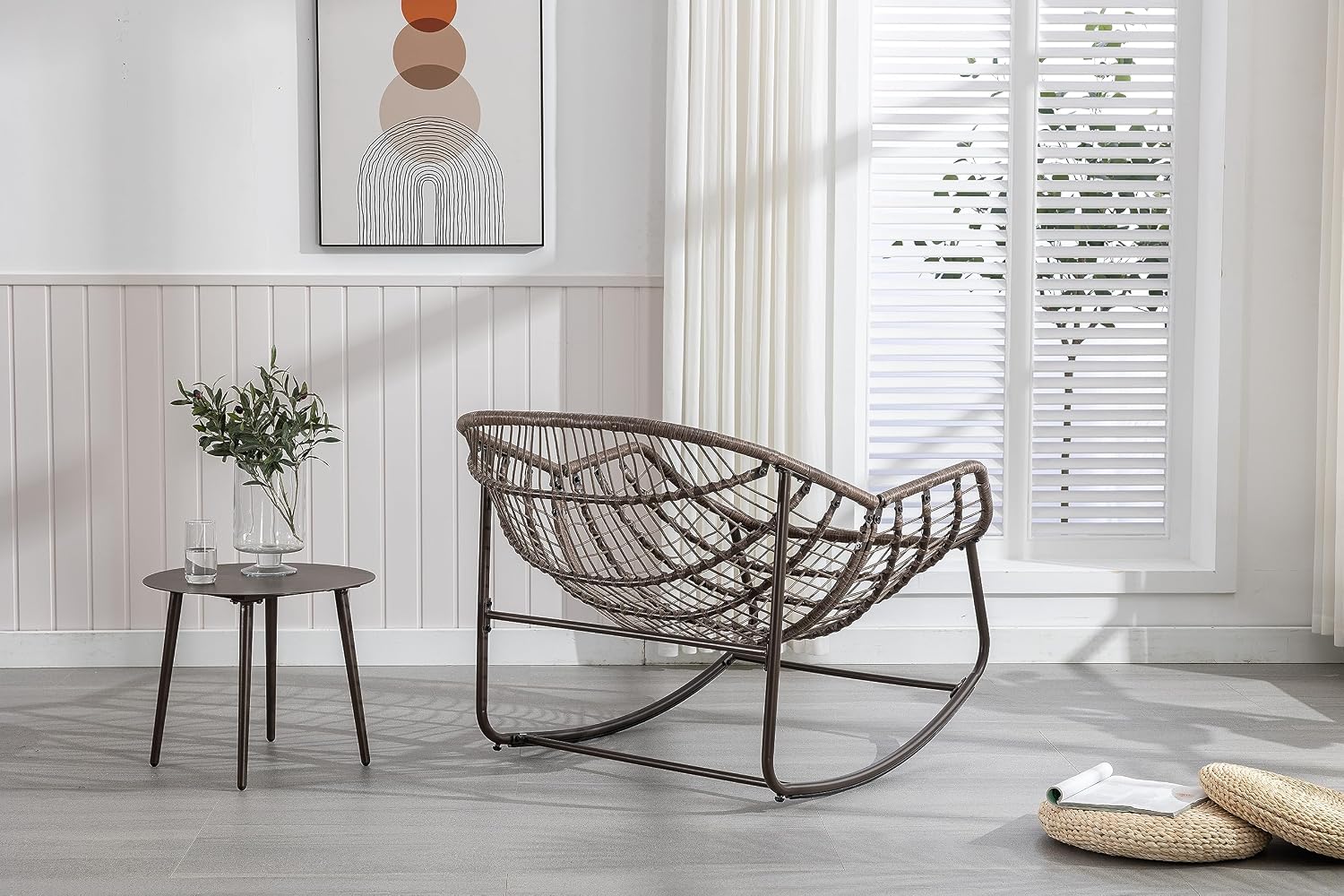 Rattan Rocking Chair for Indoor Outdoor Patio Oversized Wicker Egg Chair with Steel Frame Corduroy Padded Cushion Rocker Recliner Chair Comfy Lounger Papasan Chair for Living Room Garden, Light Green
