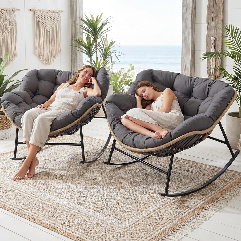 BULEXYARD Oversized Patio Egg Chairs for 2 Person, Double Papasan Rocking Chair with Cushion, 450 Lbs Heavy Duty, PE Wicker Comfy Recliner, Indoor Outdoor Papasan Rocker for Deck, Livingroom, Gray