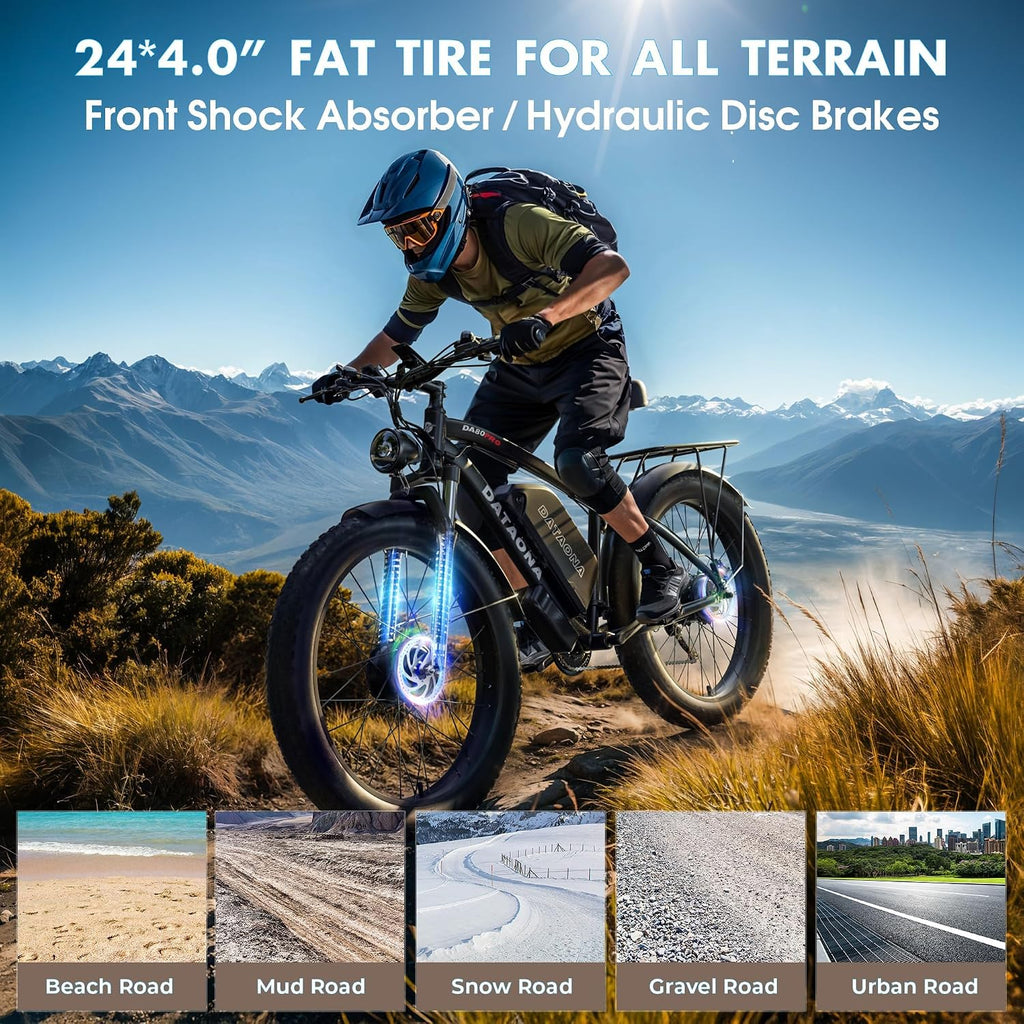 DATAONA 6500W Dual Motor Ebike for Adults Men 20MPH - Fast Electric Bike with 52V 32Ah Battery Up to 100 Miles, Lockable Suspension 24' Fat Tire Electric Bicycle for Off-Road Mountain Snow Commuter UL