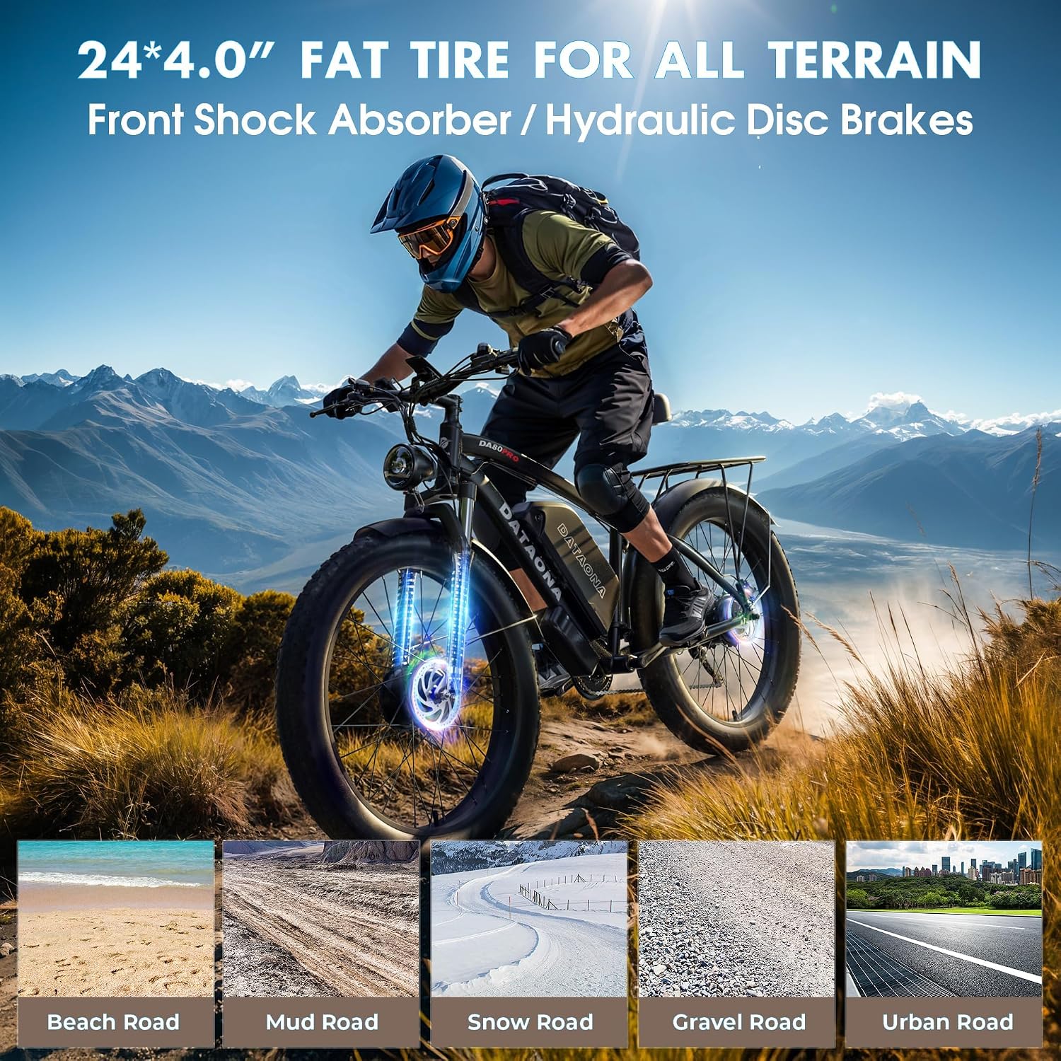 DATAONA 6500W Dual Motor Ebike for Adults Men 20MPH - Fast Electric Bike with 52V 32Ah Battery Up to 100 Miles, Lockable Suspension 24' Fat Tire Electric Bicycle for Off-Road Mountain Snow Commuter UL