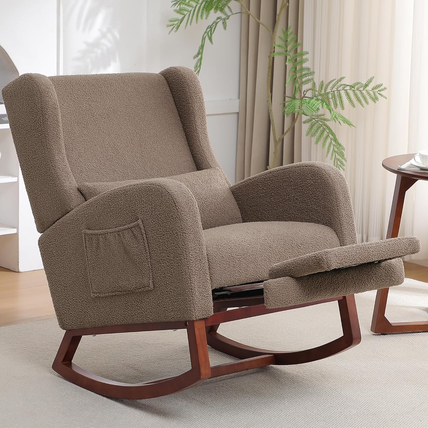 HCHAIRH Rocking Chair with Foot Rest, Teddy Wingback Nursery Rocking Chairs, Nursing Glider Rocker Chair with Pillow and High Back for Nursery, Living Room, Bedroom