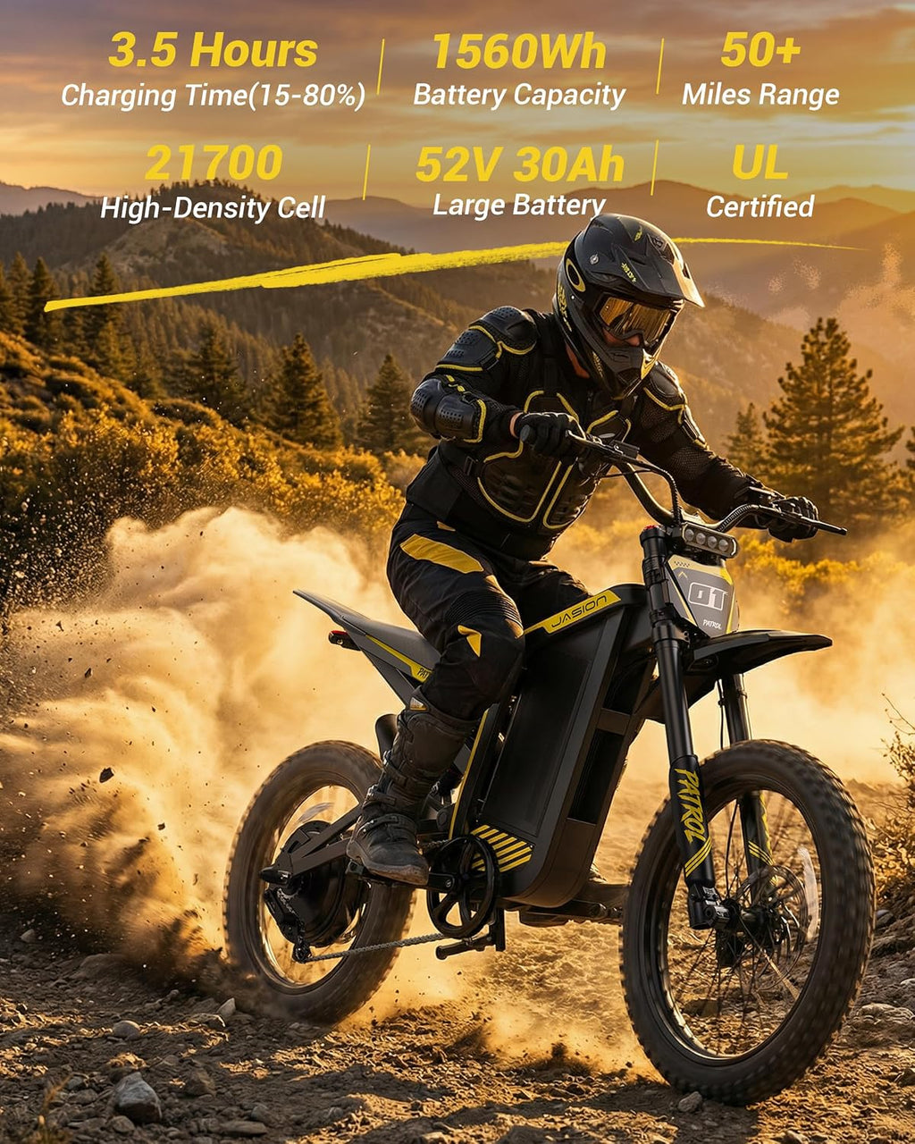 Jasion Patrol 52 Electric Dirt Bike for Adults&Teens,4000W Peak 40MPH Electric Bike with 52V 30AH 1560Wh Battery E Dirt Bike,50-Mile Range,19''/17''Off-Road Tires,Full Hydraulic Brakes&Dual Suspension