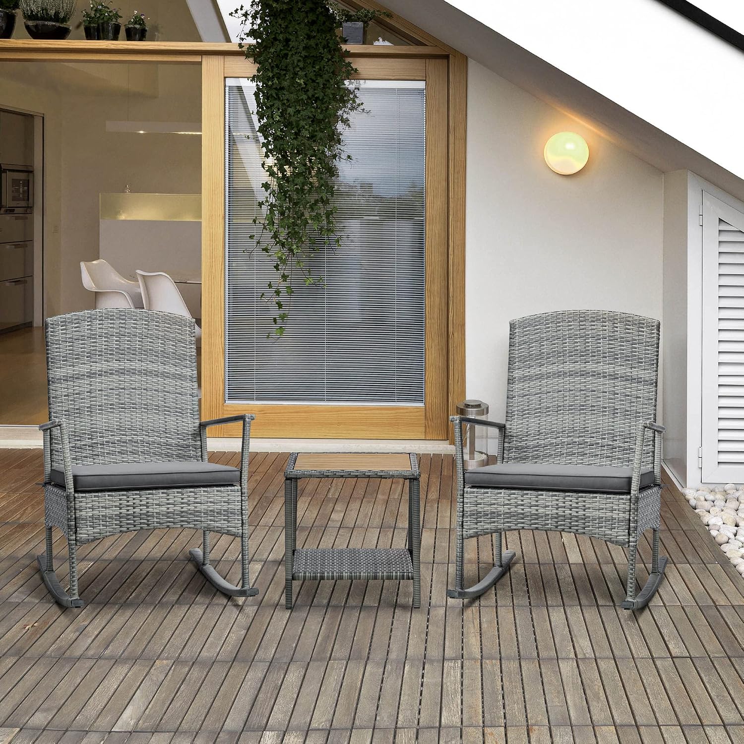 Outsunny 3 Piece Patio Rocking Chair Set, 2 PE Wicker Rocking Chairs, Cushioned, 1 Two-Tier Wood Slat Coffee Table, Rattan Front Porch Furniture, Gray