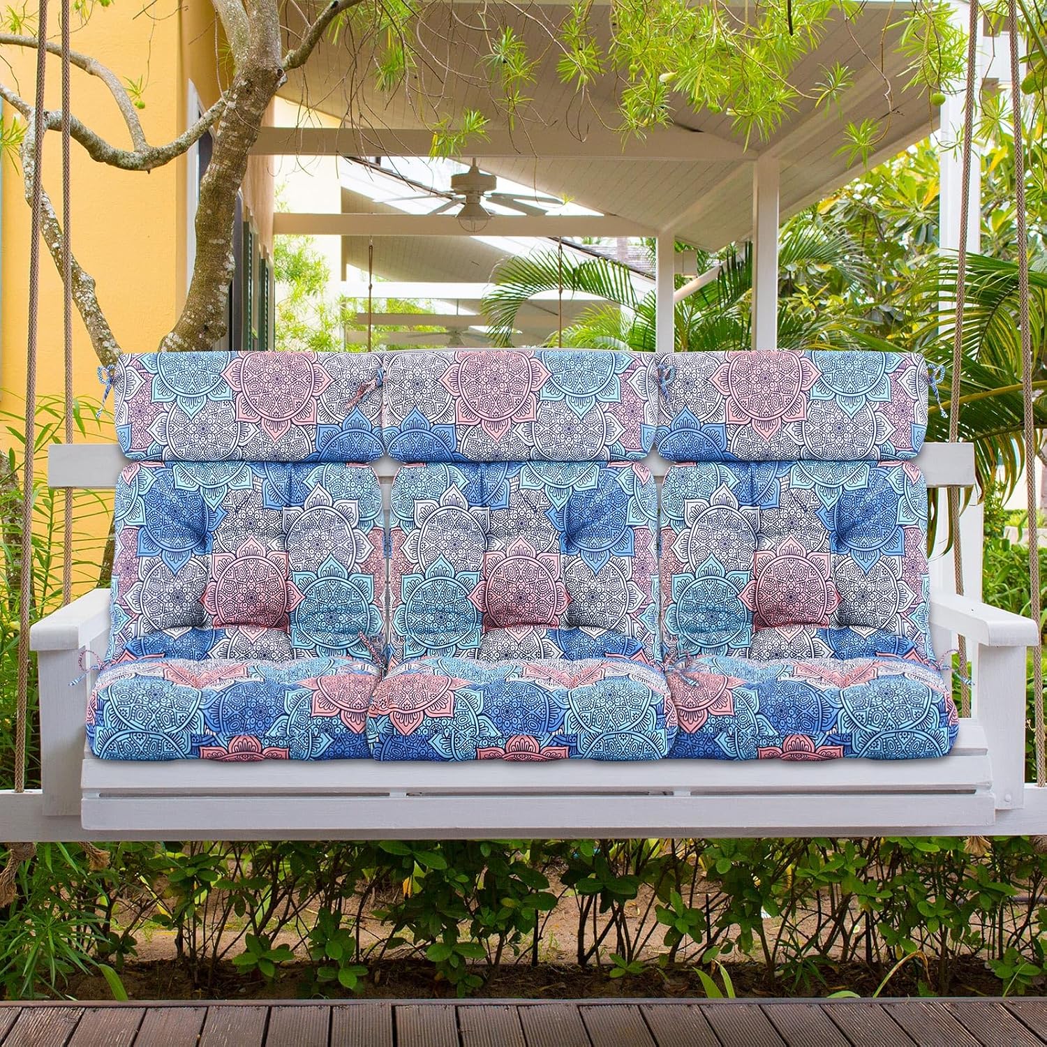 Barydat 4 Pcs Tufted High Back Chair Cushion Indoor Outdoor Seat and Back Cushions Palm Leaves Tropical Plants Lawn Rocking Chair Pads with Ties for Adirondack Patio Garden(Blue Flower)