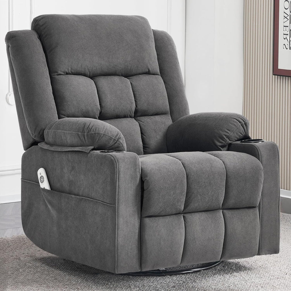 Ketaiyou Swivel Rocker Recliner Chair for Adults with Massage and Heat, Cup Holders and Side Pockets, Glider Rocking Reclining Single Sofa Chair for Living Room(DK Grey)