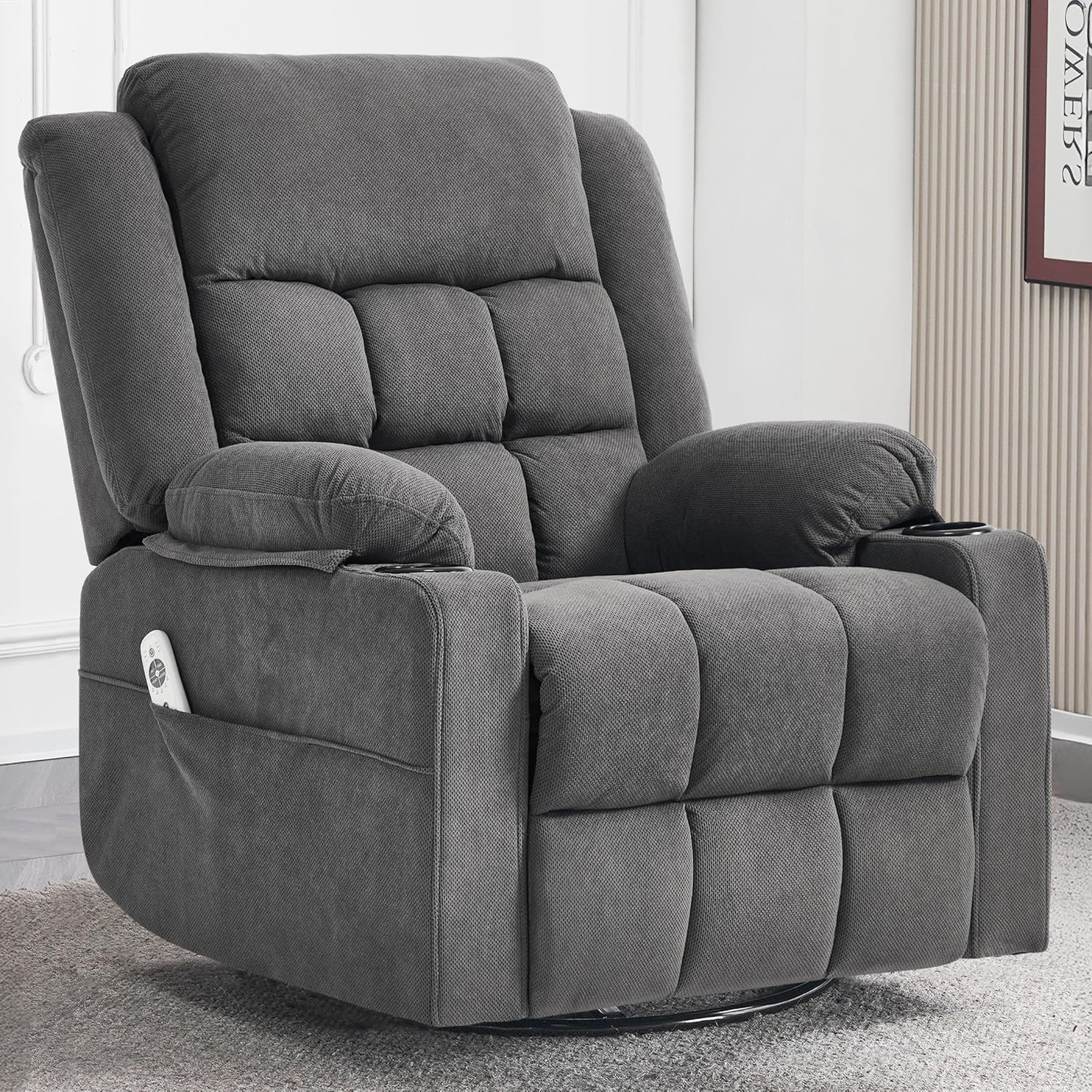 Ketaiyou Swivel Rocker Recliner Chair for Adults with Massage and Heat, Cup Holders and Side Pockets, Glider Rocking Reclining Single Sofa Chair for Living Room(DK Grey)