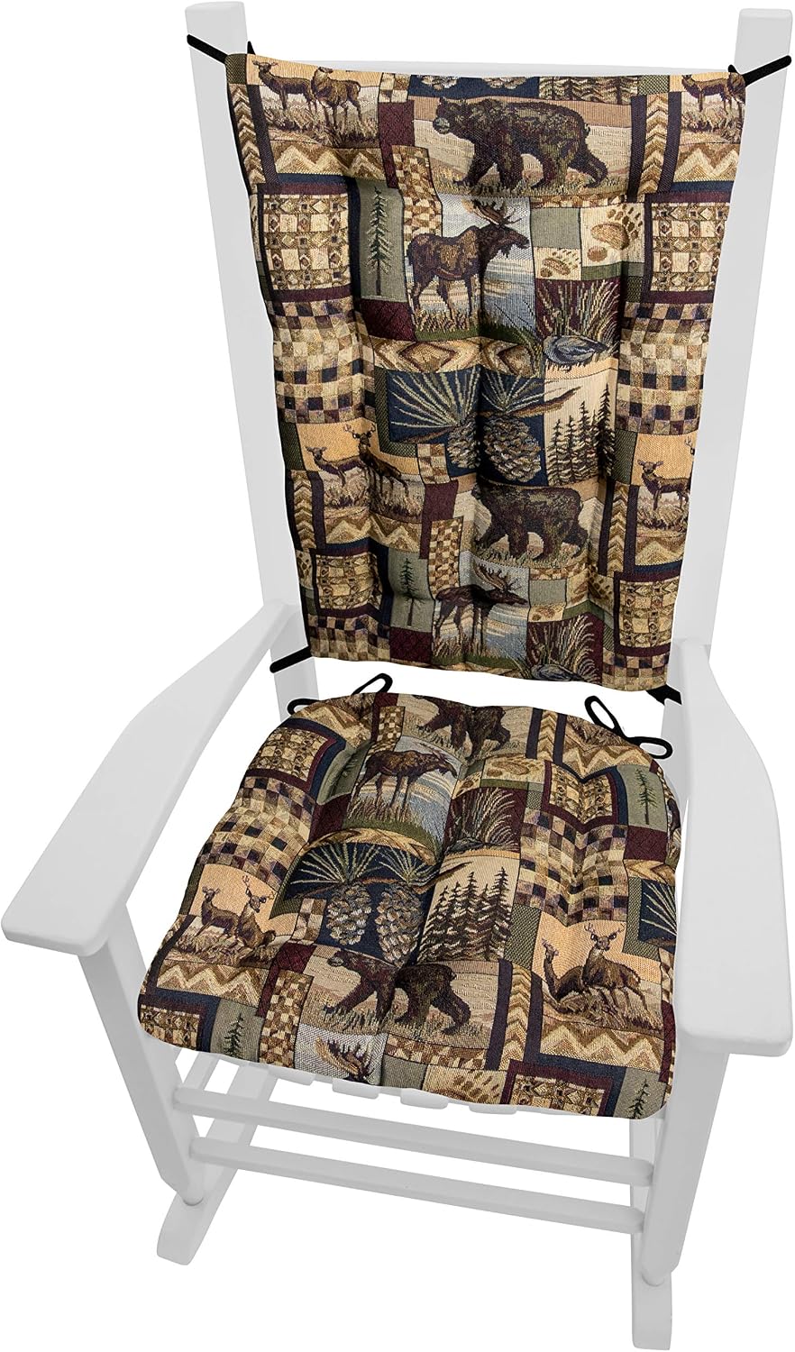 Peters Cabin Rocking Chair Cushions with Ties - Size Extra-Large - Latex Foam Fill Cushion - Woodlands Rustic Lodge & Lake House Décor (Bear, Moose, Deer, Pine Cones, Waterfowl)