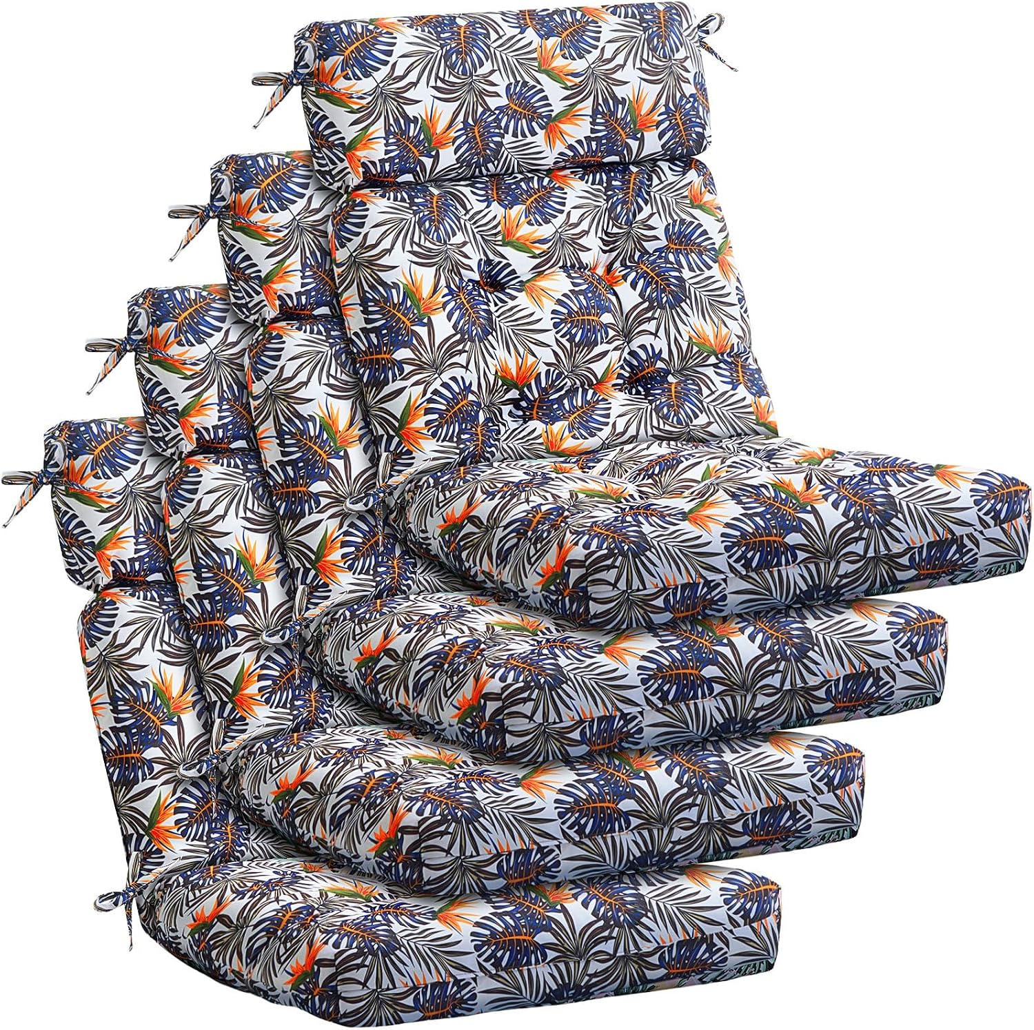 Barydat 4 Pcs Tufted High Back Chair Cushion Indoor Outdoor Seat and Back Cushions Palm Leaves Tropical Plants Lawn Rocking Chair Pads with Ties for Adirondack Patio Garden(Brown Blue)