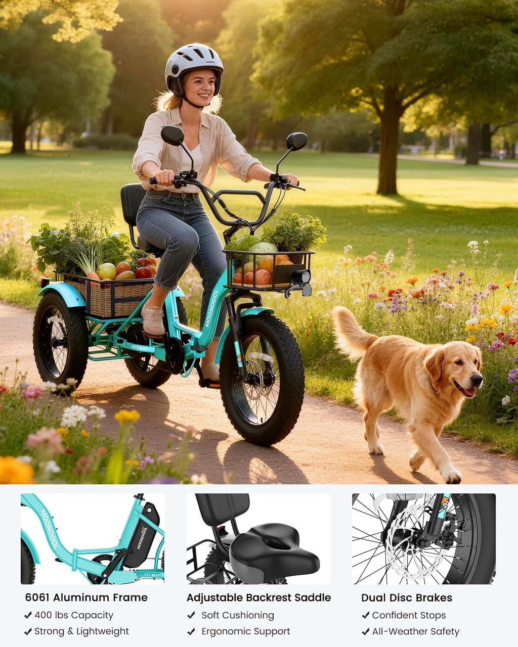 MOONCOOL Electric Tricycle for Adults, 20' x 4' Fat Tire Electric Trike, 48V 500W 3 Wheel Electric Bike, 7 Speed E Trikes for Adults with Removable Battery, Aluminum Frame & Large Basket