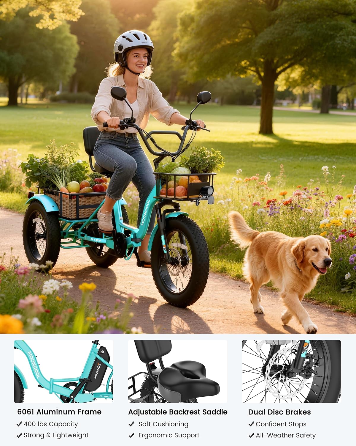 MOONCOOL Electric Tricycle for Adults, 20' x 4' Fat Tire Electric Trike, 48V 500W 3 Wheel Electric Bike, 7 Speed E Trikes for Adults with Removable Battery, Aluminum Frame & Large Basket