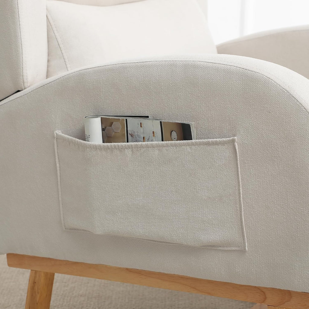 Nursery Rocking Chair,Linen Upholstered Rocker Chair,Wingback Nursing Rocking Chair with High Back for Nursing Adults Living Room, Bedroom(Linen Beige)