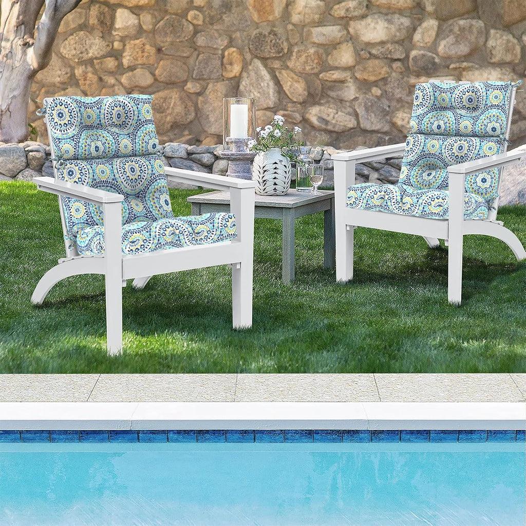 DYTXIII Outdoor High Back Chair Cushions Set of 2, Water Repellent Tufted Rocking Seat Cushions Replacement 44 x 22 Inch, Seat & Back Chair Pads for Patio, Balcony and Indoor Use -Delancey Lagoon