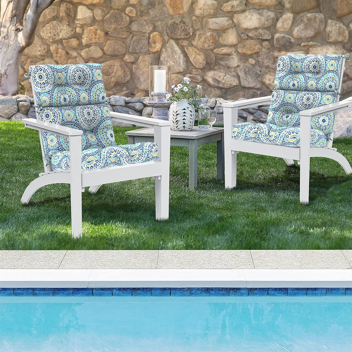 DYTXIII Outdoor High Back Chair Cushions Set of 2, Water Repellent Tufted Rocking Seat Cushions Replacement 44 x 22 Inch, Seat & Back Chair Pads for Patio, Balcony and Indoor Use -Delancey Lagoon