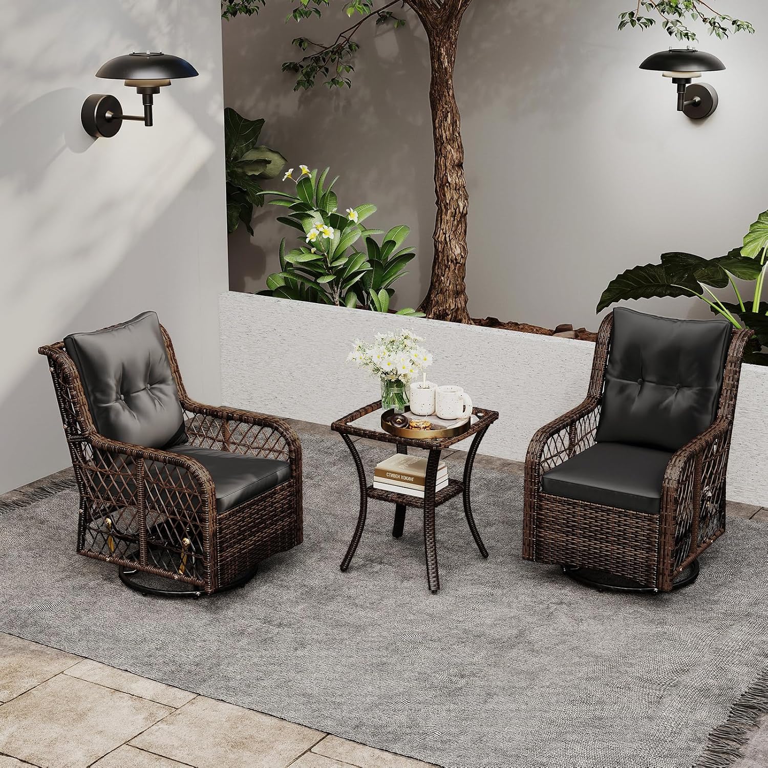 Tangkula 3 Pieces Outdoor Swivel Rocker Set, Rattan Wicker Patio Rocking Cushioned Chairs Set of 2 with Small Side Table, for Backyard, Poolside, Balcony, Lawn, Deck