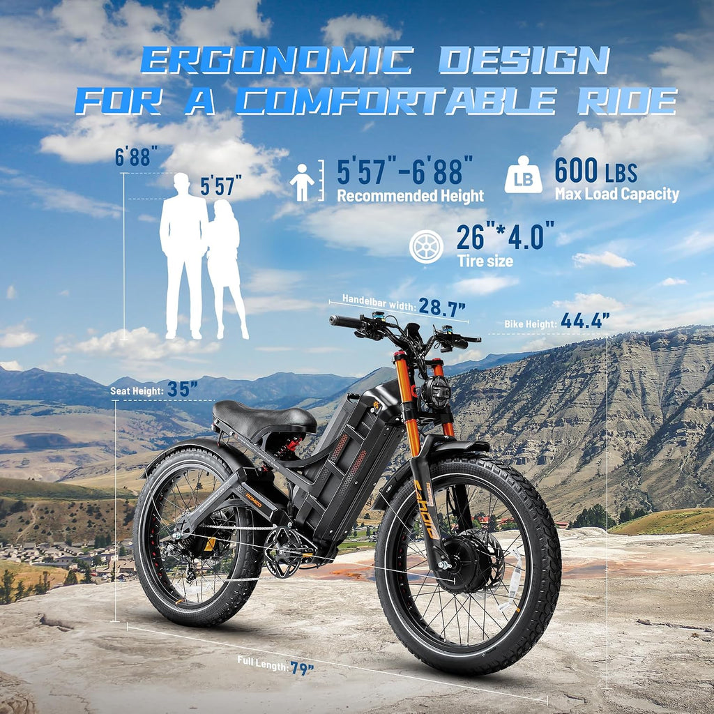 eAhora Romeo Pro 3 60V 80Ah 240+Miles Long Range E-Bike, 26 * 4.0' Fat Tire Air Full Suspension Electric Mountain Bike 50mph 5600W Dual Motor Electric Bike for Adults-Green+Rack+Bag