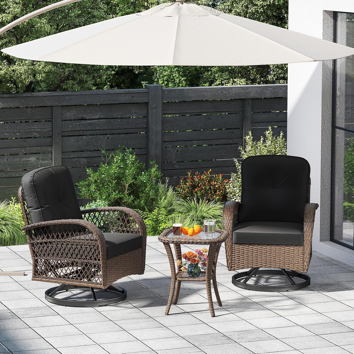 Tangkula 3 Piece Patio Swivel Rocker Set, 2 Outdoor Wicker Rocking Chairs with Tempered Glass Side Table, Outside Gliding Bistro Furniture Set with Thick Cushions for Porch, Yard, Balcony (Black)
