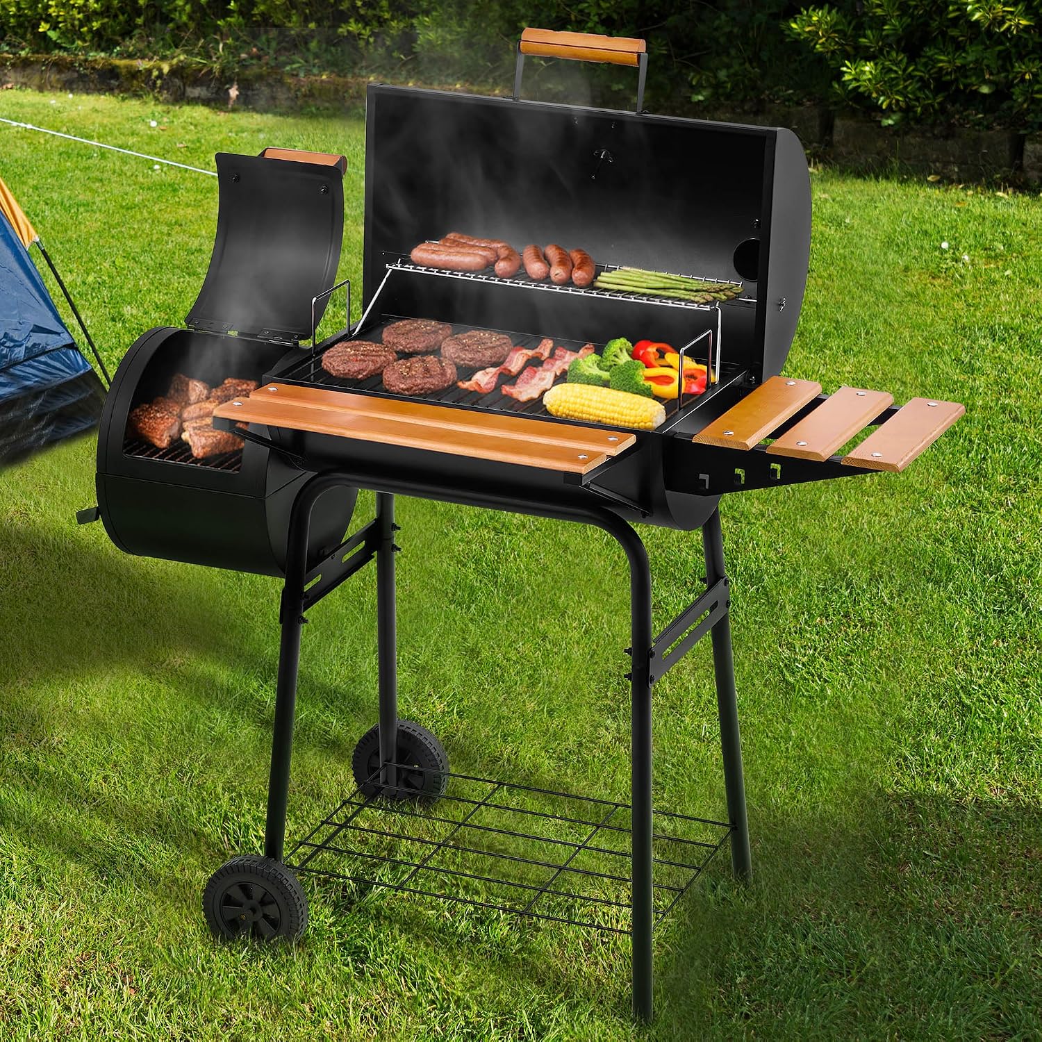 Royal Gourmet CC1624W Barrel Charcoal Grill with Offset Smoker, 552 Sq. In. Cooking Area, Wooden Front and Side Shelf with Hooks, Mesh Bottom Shelf, Charcoal Grill for Outdoor Grilling, Black