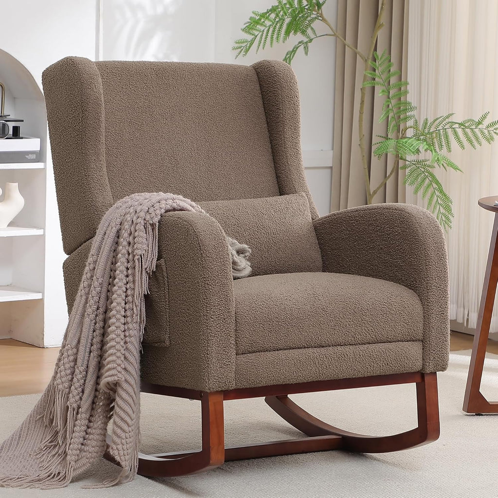 HCHAIRH Rocking Chair with Foot Rest, Teddy Wingback Nursery Rocking Chairs, Nursing Glider Rocker Chair with Pillow and High Back for Nursery, Living Room, Bedroom