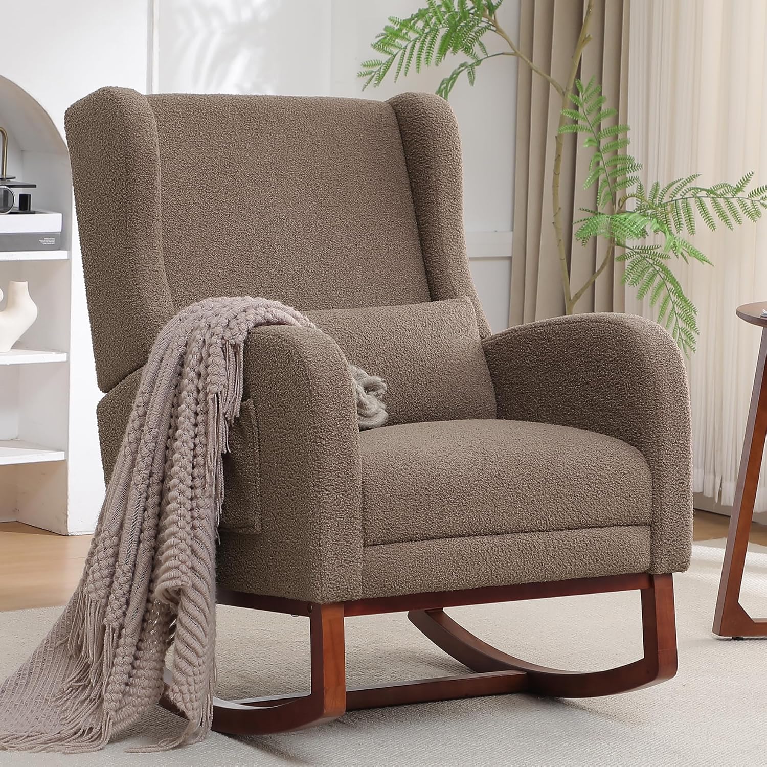 HCHAIRH Rocking Chair with Foot Rest, Teddy Wingback Nursery Rocking Chairs, Nursing Glider Rocker Chair with Pillow and High Back for Nursery, Living Room, Bedroom