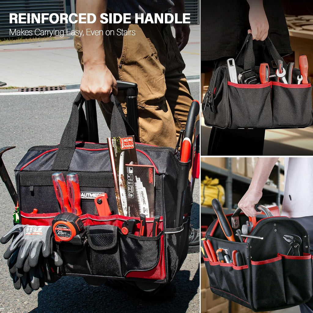 HAUTMEC 3-Piece Rolling Tool Bag Set, 18' Wheeled Tool Bag, 15' Open Top Tool Tote & 12' Wide Mouth Small Bag, Heavy-Duty 1680D Water-Resistant Tool Storage with Off-Road Wheel & Telescoping Handle
