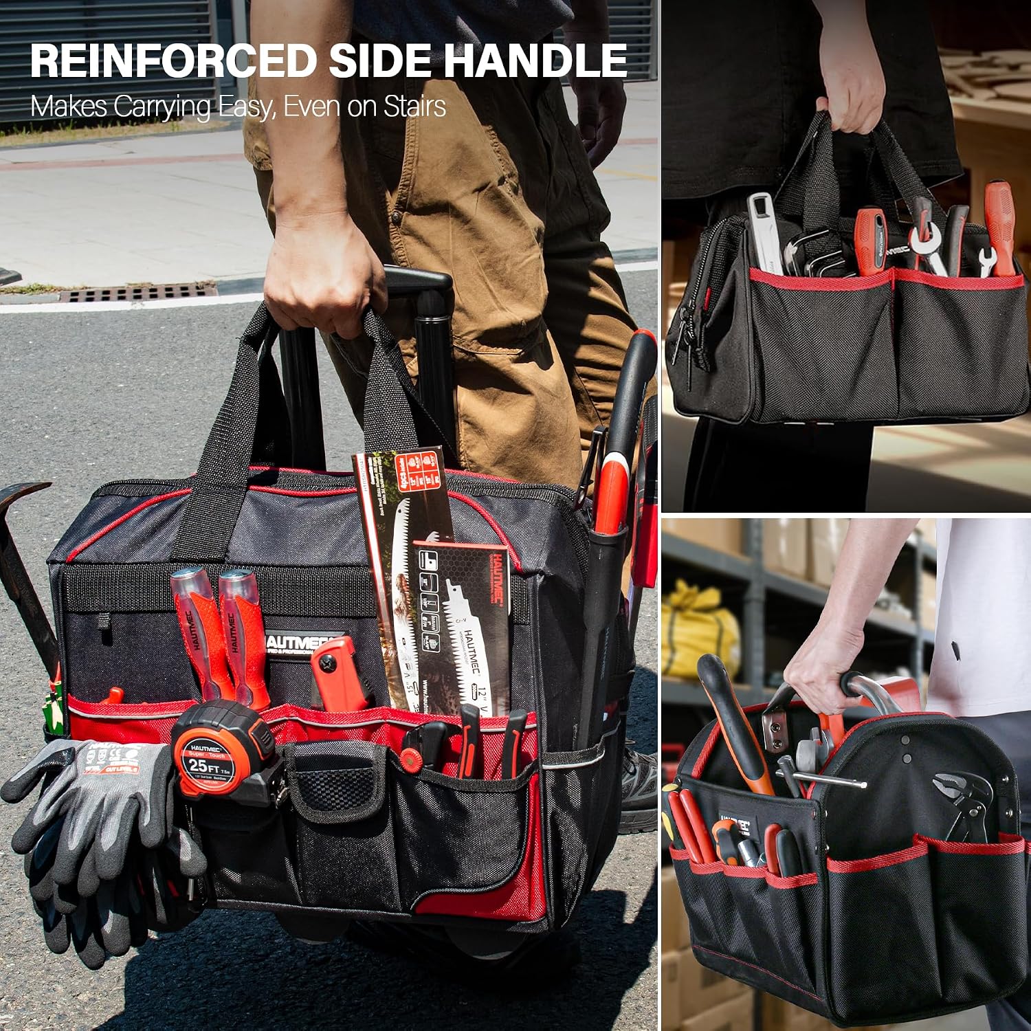 HAUTMEC 3-Piece Rolling Tool Bag Set, 18' Wheeled Tool Bag, 15' Open Top Tool Tote & 12' Wide Mouth Small Bag, Heavy-Duty 1680D Water-Resistant Tool Storage with Off-Road Wheel & Telescoping Handle